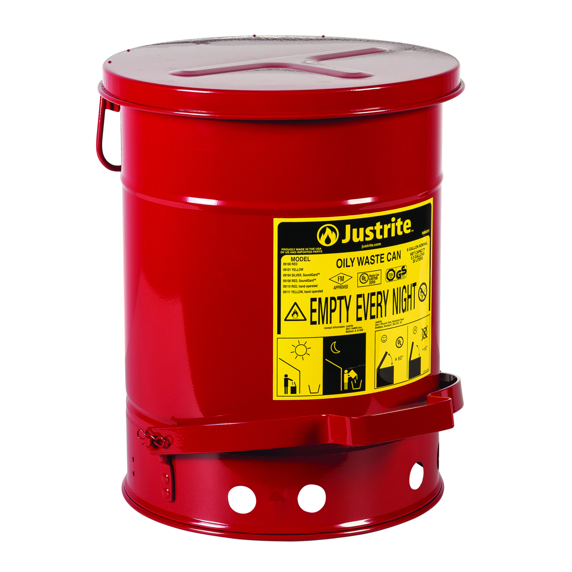 Justrite Oily Waste Can — 6 Gallon, Hands-Free Self-Closing Cover, SoundGard, Steel, Red, Model# 09108
